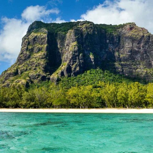 Le Morne Brabant mountain overlooking a turquoise lagoon in Mauritius