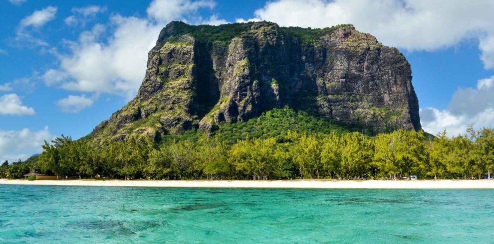 Le Morne Brabant mountain overlooking a turquoise lagoon in Mauritius