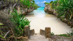 White-sand beach and turquoise ocean along the coast of Zanzibar