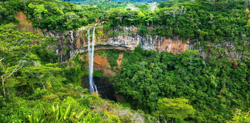 Chamarel Waterfall surrounded by lush tropical forest in Mauritius