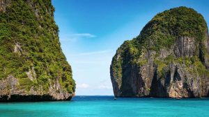 Tropical beach and limestone cliffs in Krabi Thailand