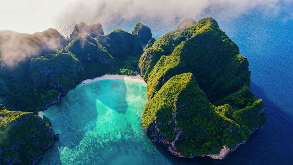 Turquoise lagoon and limestone cliffs at the Phi Phi Islands Thailand